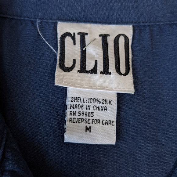 100% silk Long Sleeve Button Down Shirt Navy Blue Medium Clio - Picture 7 of 10